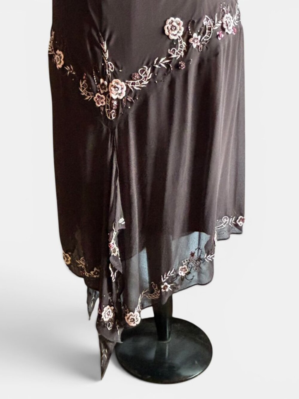 Brown Floral Embroidered 1920s-Inspired Handkerchief Hem Dress - Picture 8 of 16